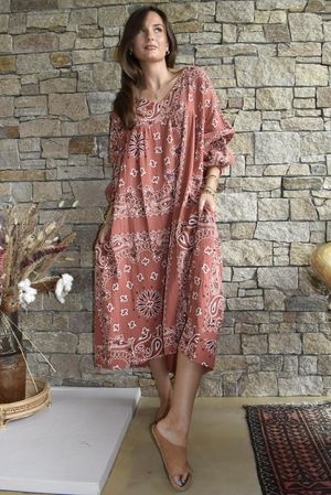 Kasbah Bubble Cotton Bandana Peasant Dress Indian Red